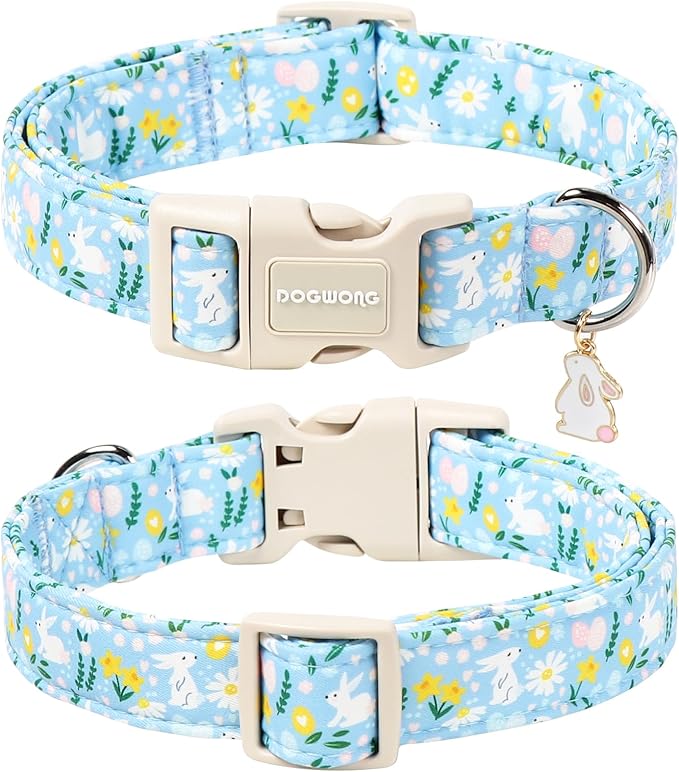 DOGWONG Easter Dog Collar-Cute Easter Rabbit Bunnies Egg Dog Collar, Adjustable Soft Easter Dog Collar for Small Medium Large Dogs, L