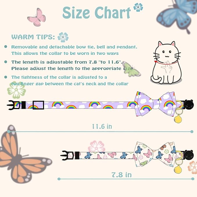 Breakaway Cat Collar with Cute Bow Tie Bell 2Pack Rainbow Butterfly Pattern for Male Female Soft Cotton Kitty Kitten Collar Cute Summer Collars Ideal for Girl Cats Boy Male Cats