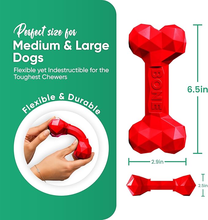 Natural Rubber Dog Chew Bone – Treat-Dispensing, Tough & Indestructible Chew Toy – Safe for Aggressive Chewers – Dental Health & Boredom Relief – (Red)