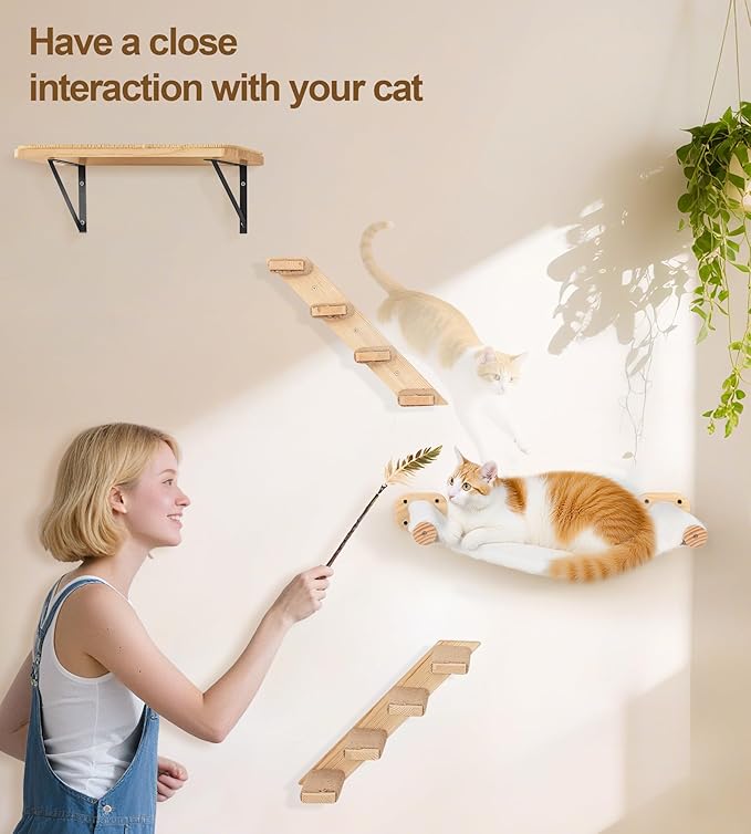 Cat Wall Hammock Set of 3, Wall Shelves with 1 Floating Fabric Hammock, 2 Cat Ladders with 4 Steps Each, Wall Mounted Bed Furniture & Climber for Large Cats