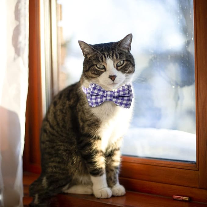 AIITLE Breakaway Cat Collar with Cute Bow Tie and Bell, Detachable Adjustable Safety Collars for Girl Cats and Boy Cats, Kittens, Puppy, Soft Stylish Plaid Patterns Cat Collars,Purple