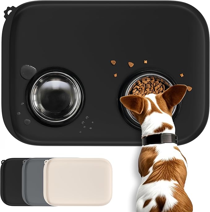 Silicone Dog Food Mat with Side Pocket & Hook Hole, Soft Raised Edges, Easy Clean Waterproof Non-Slip Pet Feeding Mat for Cats and Dogs Water Bowl, Pets Accessories(24"x16",Black)