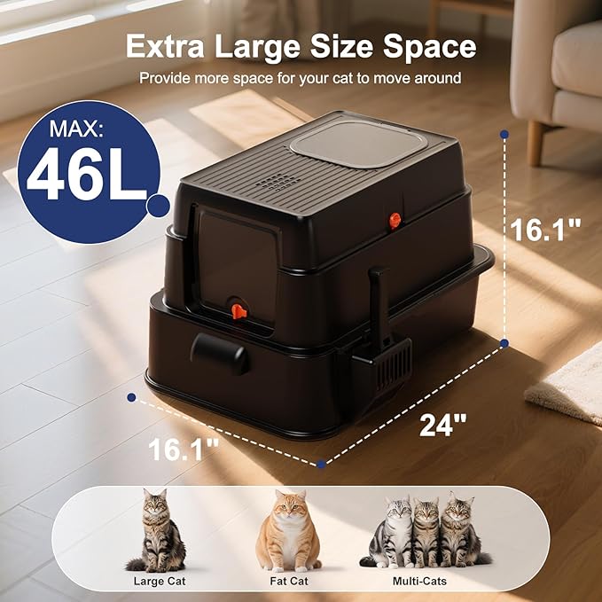 FURTIME Stainless Steel Litter Box with Lid, XL Extra Large Cat Litter Box for Big Cats, Enclosed Drawer Metal Litter Boxs with High Sided, Include Scoop & Mat, Front & Top Entry, Odor Free, Non-Stick