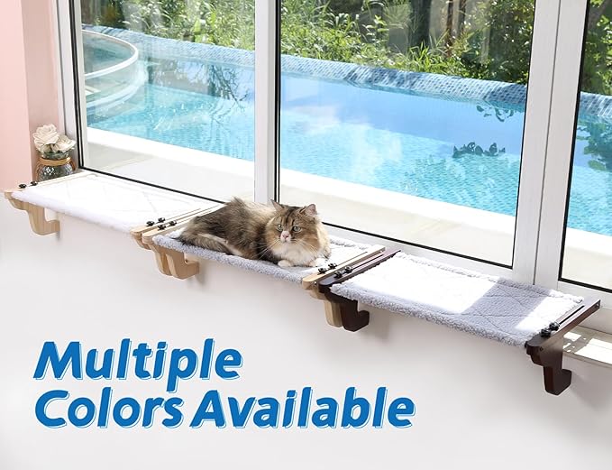 Zakkart Easy Seat Cat Perch for Window Sill - Hammock Design w/Premium Wood & Robust Metal Frame - Cat Window Seat for Large Cats and Kittens (Dark Stained Wood w/Gray Bed, Large (26''W x 14''D))