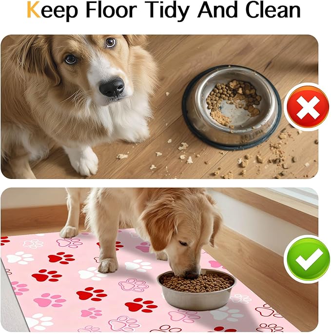 Puppy Paw Print Pet Feeding Mat 24x16 Inch Cute Pet Feeding Area Mat Pet Food Mat Pet Mats for Food and Water Dog Mat for Food and Water Indoor Feeding Corner Kitchen Floor Decor