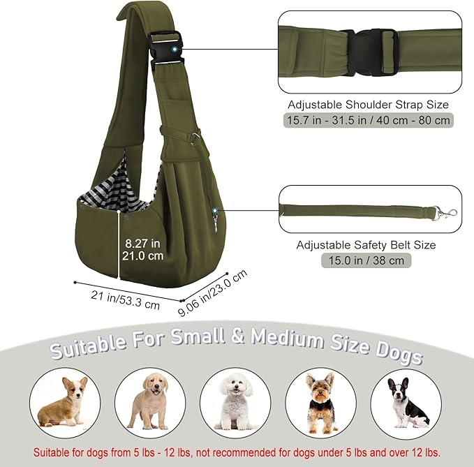 PETLOFT Reversible Dog Cat Sling Carrier, Small Dog Carrier, Adjustable Dog Sling, Hands Free Cross Body Carrier with Collar Hook for Dog/Cat/Bunny up to 11lb (Army Green)