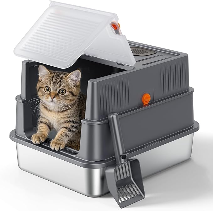 FURTIME Stainless Steel Litter Box with Lid for Kitty, Metal Enclosed Cat Litter Box for Small Cats, Kitten Cat Box with High Sided Enclosure & Scoop, Odor Free, Anti-Leakage, Grey