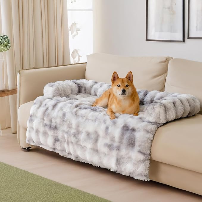 FUNNY FUZZY Pet Fluffy Plush Calming Dog Couch Bed Sofa Protector Washable Pets Mat for Large Medium Small Dogs and Cats (Tie-dye Grey, 47"×33.5"×6")