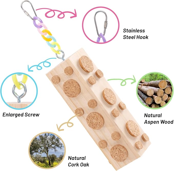 2 Pcs Wooden Bird Chew Toys - 7.9 Inch Hanging Parrot Toys, with 92 Detachable Corks, Relieve Boredom & Anxiety, Foraging Toys, for Parakeet, Cockatiel, Conure, Budgie, Lovebird