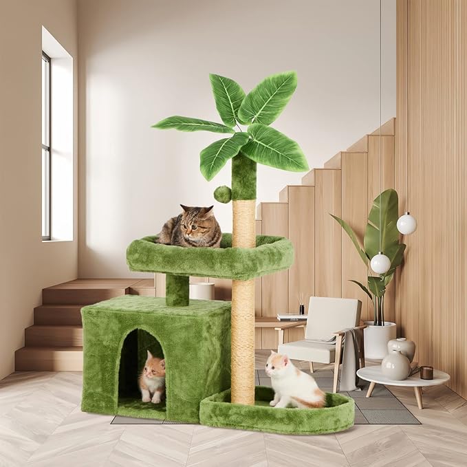 31.5in Multi-Level Cat Tower with Sisal Scratching Posts, Hidden Cave & Perch Platform, Large Cat Condo for 1-3 Cats, Eco-Friendly Pet Furniture with Realistic Leaves, Green