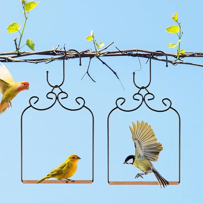 2 Pack Hummingbird Swings and Perches, Metal Frame Bird Swing with 2 Replacement Wooden Dowels and Iron S Hooks, Black Bird Swing for Hanging Indoor, Outdoor, Trunk, Lawn, Patio, Garden(Black)
