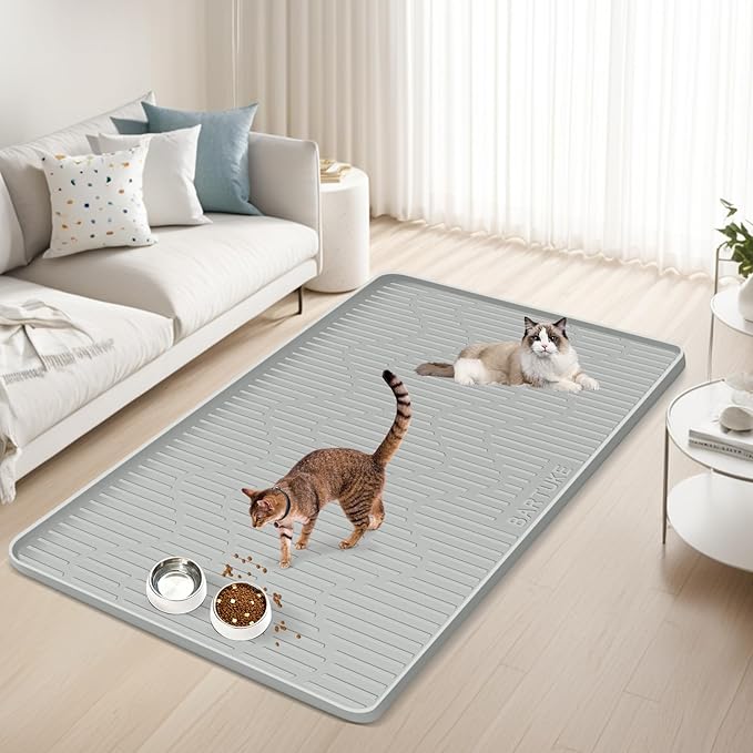 Silicone Cat & Dog Food Mat, 54" x 27.5" Extra Large Pet Feeding Mat for Cats and Dogs Bowl, Pet Placemat for Food and Water with Raised Edge, Waterproof, Leakproof (Grey)