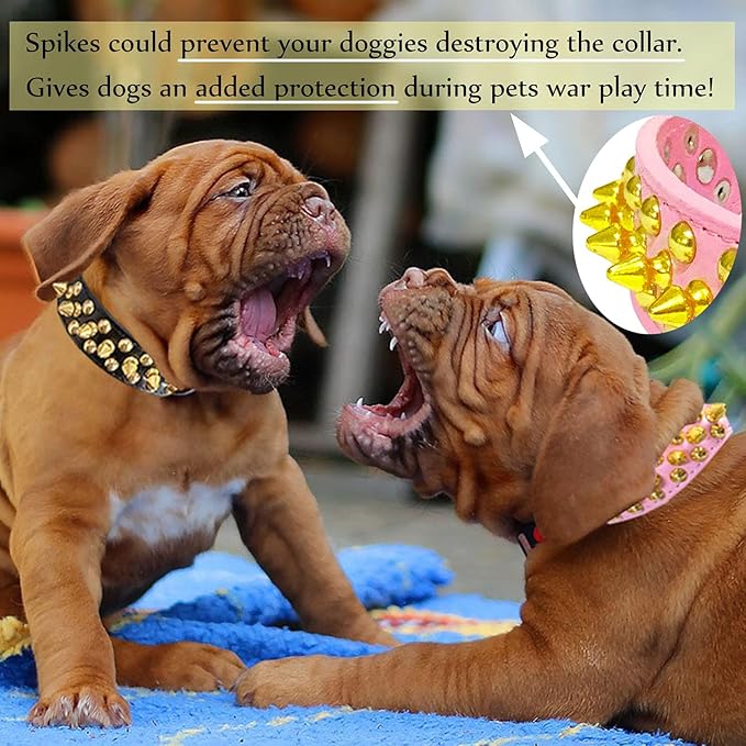 TEEMERRYCA Pink Leather Gold Spiked Studded Dog Collar for Female Puppy Small Medium Large Pets,Pit Bulls Bulldog, Keep Dog Safe from Grabbing by Huge Dogs, S 10.8"-13.2"