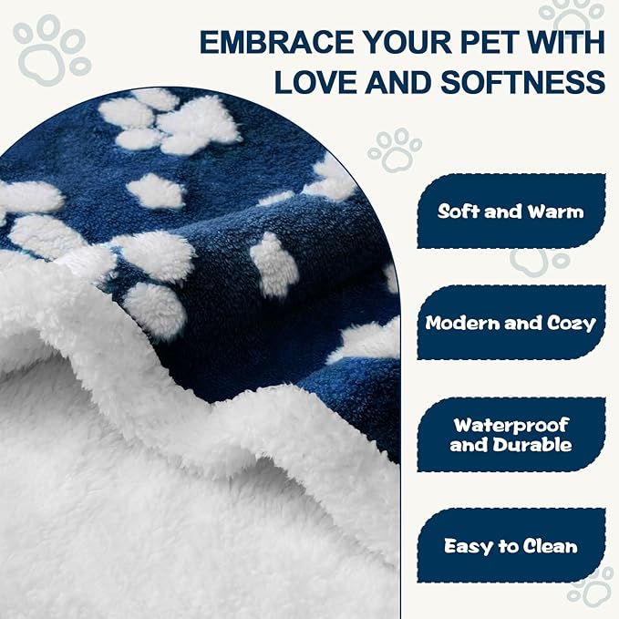 Waterproof Blanket for Dog Cat or Adult, Cute 3D Textured Paw Dog Blanket for Bed Couch Sofa, Soft Liquid Pee Proof Pet Furniture Protector, 60"x80", Navy Blue