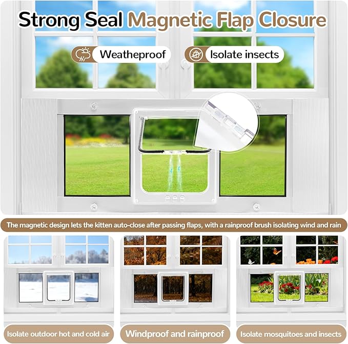 Cat Door for Window, Fits 31"-36" Width Windows, Quick-Fit Pet Door Window Insert, 4 Locking Mechanisms, Magnetic Closure Window Cat Doors Safety & Weatherproof