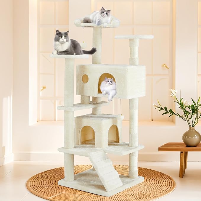54 Inches Cat Tower Condo Furniture, Cat Tree Tower for Indoor Cats, Cozy Hammock and Sisal Scratching Posts, Multi-Level Durable Cat Scratch Post for Kittens Pet House Play, Detachable, Beige