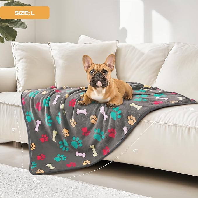 Luciphia 1 Pack 3 Blankets Fluffy Premium Fleece Pet Blanket Flannel Paw Printed Throw for Dog Cat(Large 41x31'', Grey/Brown/Blue)