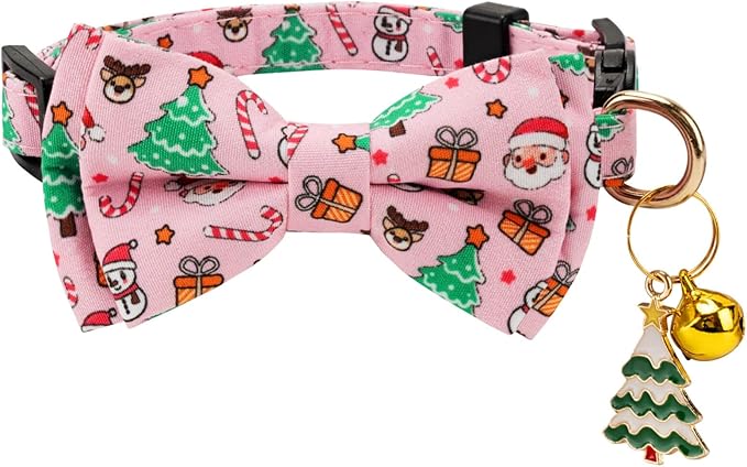 2 Pack Christmas Cotton Cat Collar with Bow Tie and Bell for male Female Cats,Soft Fancy Breakaway Kitty Kitten Collar with Tree & Santa Patterned Design for Boy Girl Cats. (Tree & Santa Claus)