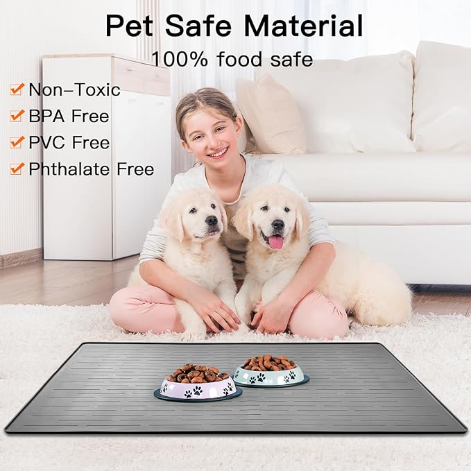 48" x 32" XXXL Largest Pet Food Mat, Silicone Dog Mats for Food and Water, Nonslip Pet Feeding Mats for Floors,Dog Cat Bowl Mat with Raised Edges, Dark Gray