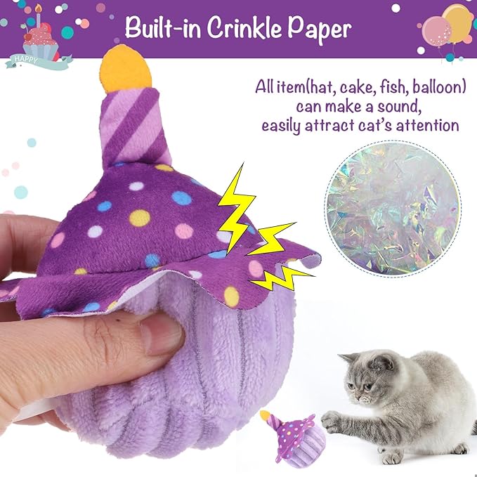 BINGPET Cat Birthday Catnip Toys for Indoor Cats, 5 Pcs Cat Birthday Gift Kitten Interactive Toys for Boy Girl Cats, Soft Plush Catmint Kitty Chew Kick Toy, Hat, Bandana, Balloon, Cake, Fish, Purple