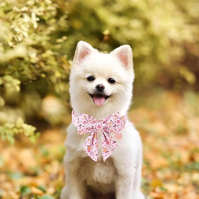 Halloween Dog Collar with Flower, Pink Halloween Puppy Flower Collar with Adjustable Metal Buckle,Fancy Halloween Dog Collar Bowtie Gift for Girl Boy Dog,XL