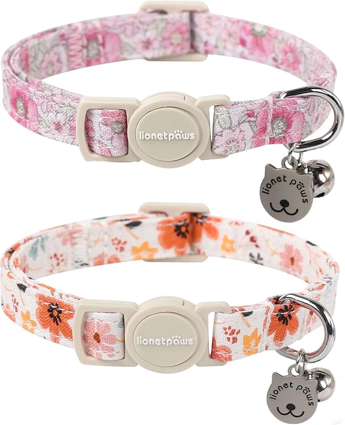 Lionet Paws 2pcs Pack Cotton Cat Collar,Breakaway Buckle with Floral Pattern and Brand Pendant Cute Adjustable Cat Kitten Collar,Ideal for Girl Cats