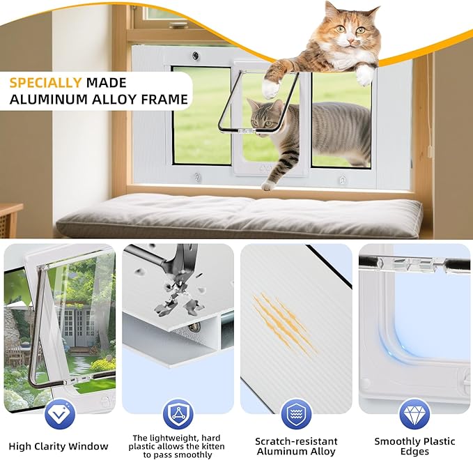 Full Size Window Pet Door for Cats & Small Dogs 31"-36" Various Sliding Windows, 4 Flexible Locking Modes, High-Definition, high-Transparency cat Door for Windows, Magnetic Reset Design