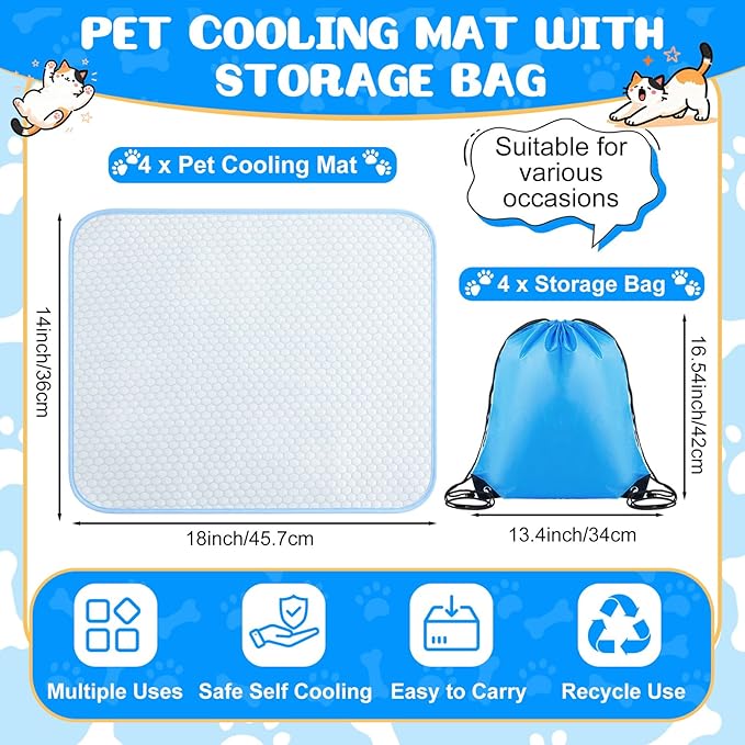 Chunful 4 Pack Pet Cooling Mat 18 x 14 Inches Cooling Pads for Cats Summer Ice Silk Self-Cooling Pet Mat Portable Washable Non-Skid Dogs Blanket Pad for Small Dogs Puppy and Cats up to 10 Lbs
