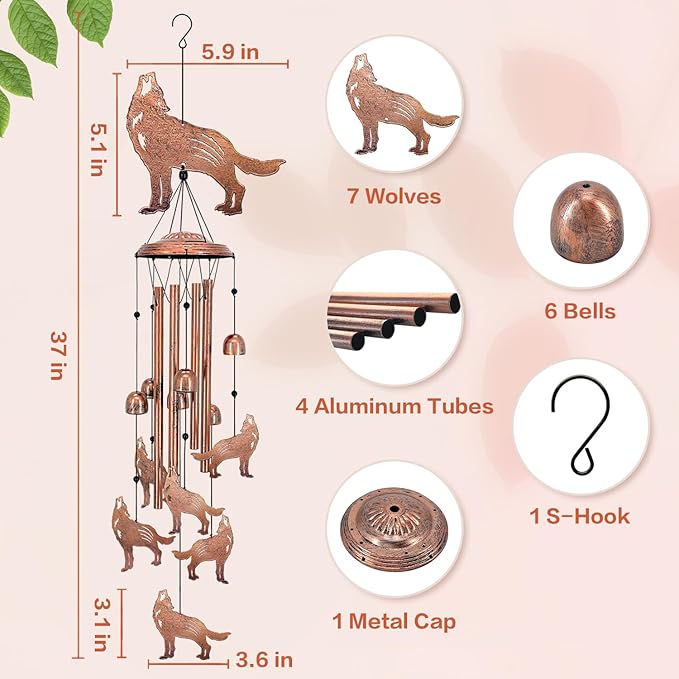 Wolf Wind Chimes for Outside,Wolf Gifts for Women/Men/Sympathy Gift/Memorial Gifts/Birthday Festival Metal windchimes Outdoors/Indoors,Patio,Garden Decor,Home,Porch,Yard Decor