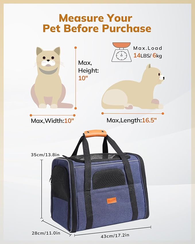 Morpilot Cat Carrier - Soft Sided Cat Carrier Large for Big Medium Cats and Puppy up to 18lbs, Pet Carrier with Safety Zippers, Foldable Bowl, Airline Approved Large Dog Carrier - Dark Blue