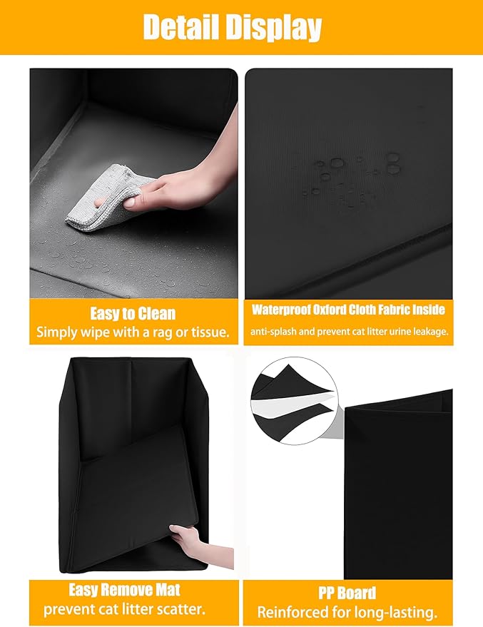Waterproof Cat Litter Box Enclosure Splash Guard with Removable Mat, Cat Box Enclosure with 2 Hooks for Scoop, Anti-Leakage, Dust Control, Easy to Clean-24.02 x 16.14 x 16.14 inches-Black