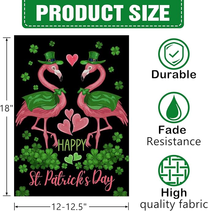 Dyrenson Happy St Patricks Day Flamingo Decorative Garden Flag, Lucky Shamrock Clover Black Yard Outside Home Decorations, Spring Irish Love Hearts Burlap Outdoor Small Decor Double Sided 12 x 18