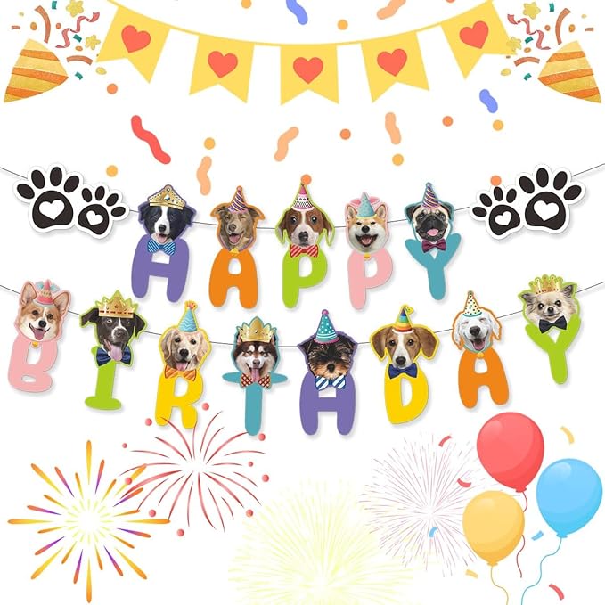 Happy Birthday Dog Party Supplies Kit - Dog Party Hat, Bandana, Bowtie & Happy Birthday Banner Decorations for Small Dogs, Puppy Birthday Outfit Accessories & Pet Birthday Party Decor (Blue)
