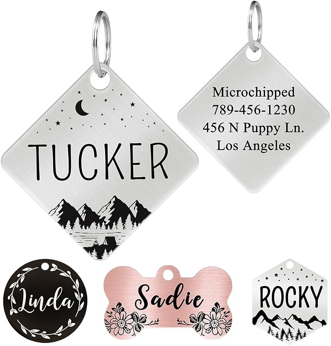 Ultra Joys Stainless Steel Custom Dog & Cat Tags - Personalized Front & Back Engraving, Optional Both Sides, Diamond Tag Mountain Silver Large
