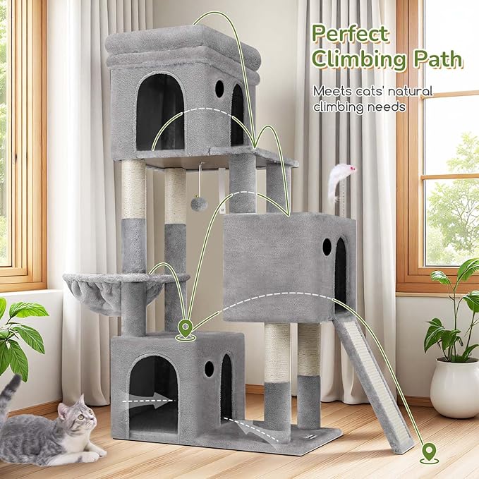Globlazer Cat Tower for Multiple Indoor Cats, 52 inch Heavy Duty Cat Tree with 3 Condos, Plush Cat Condo with Scratch Posts and Pad for Adult Cats Kitten, Padded Perch, Basket Bed, F52B, Light Grey