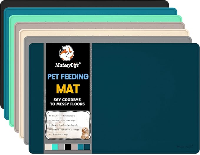 MateeyLife Dog & Cat Food Mat, Waterproof & Nonslip Silicone Feeding Mats for Dogs and Cats, Raised Edge Tray for Messy Drinkers, 24"x16", Navy