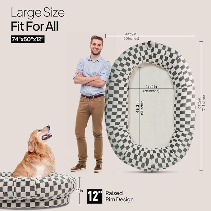 Human Dog Bed for Adults and Pets, 74"x50"x12" Plush Shared Bed, Waterproof & Machine Washable, Durable Anti-Slip Base with Portable Handle & Storage Pockets for Indoor Use, Dark Grey Grid
