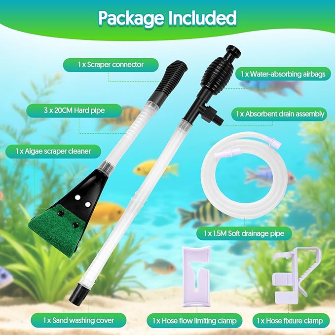Fish Tank Cleaner Gravel Vacuum for Aquarium Water Changer Aquarium Siphon with Double Sided Sponge Brush Algae Scraper Fish Tank Cleaning Kit for Cleaning Gravel & Sand (Black)