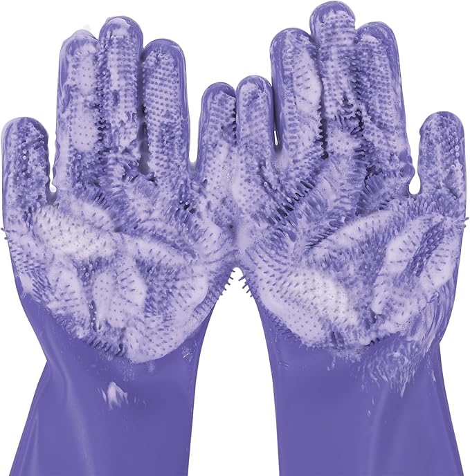 Pecute Pet Grooming Gloves, Large, Heat Resistant, Silicone Bathing and Massaging Gloves with High-Density Teeth and Enhanced Five Finger Design for Dogs and Cats, Purple