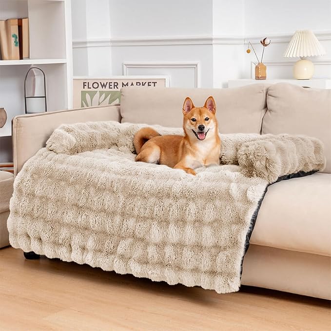 FUNNY FUZZY Pet Fluffy Plush Calming Dog Couch Bed Sofa Protector Washable Pets Mat for Large Medium Small Dogs and Cats (Coffee, 47"×33.5"×6")