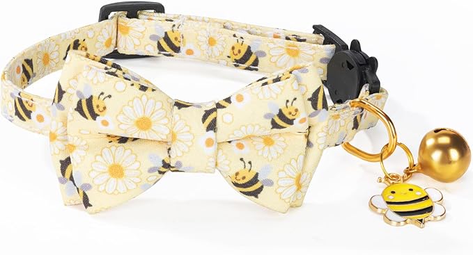 Breakaway Cat Collar with Cute Bow Tie Bell 2Pack Daisy Bee Pattern for Male Female Soft Cotton Kitty Kitten Cute Summer Spring Collar Ideal for Girl Boy Male Cats