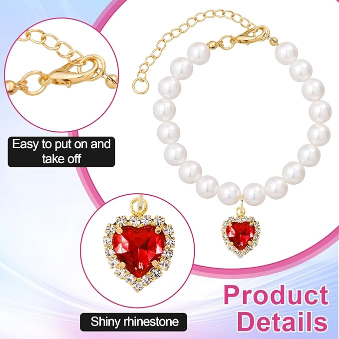 2pcs Cat Pearl Collar with Heart Pendant, Cute Pearl Pet Necklace in Small, Adjustable Wedding Party Small Dog Jewelry Accessories for Puppy Kitten- White & Red