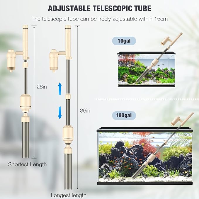 AKKEE Aquarium Vacuum Gravel Cleaner: 18W Gravel Vacuum for Fish Tank with Strong Suction for Automatic Change Water, Remove Dirt Wash Sand Water Shower and Water Circulation, Beige
