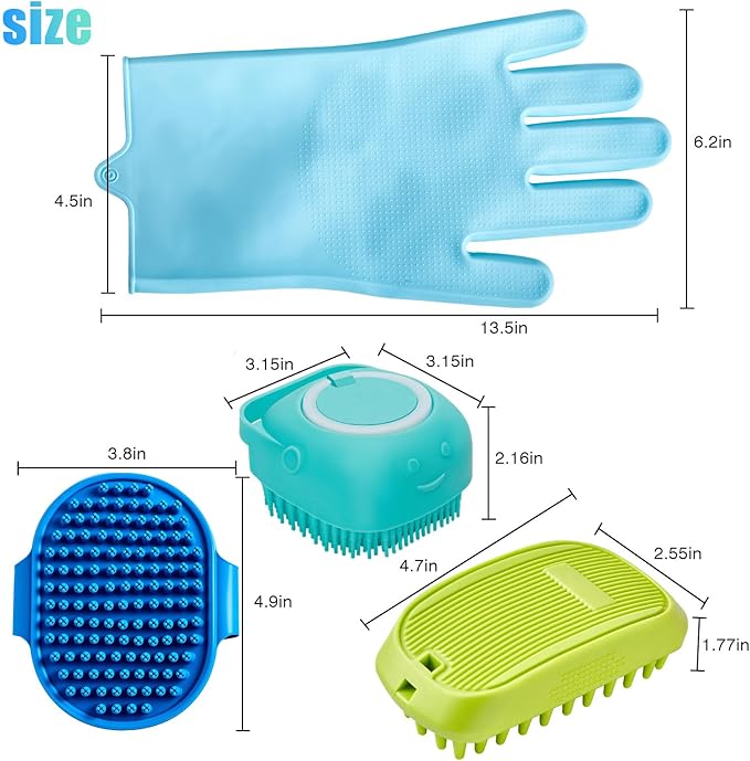 4-Piece Rubber Pet Grooming Kit for Dogs and Cats - Gentle Deshedding Brush & Massage Gloves, Suitable for Short & Long Hair, Bathing and Shedding Tool（3 * Blue+Green）