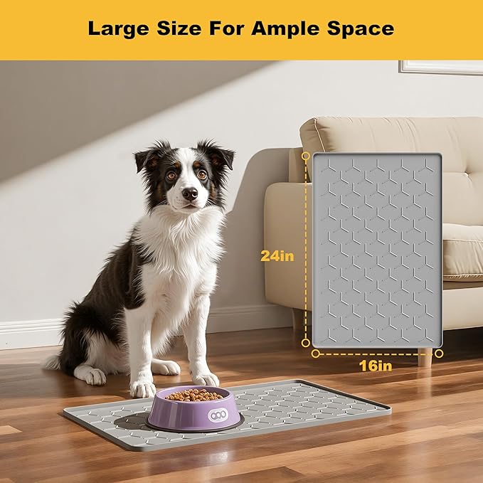 Pieviev 24''x16'' Dog Cat Food Bowl Mat, Silicone Waterproof Food Grade Pet Food Mat for Floor, High Raised Edge to Prevent Spills, Non-Slip & Easy Clean Pet Placemat for Dog & Cat Bowls, Light Gray