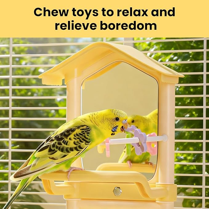 8.1 Inch Pet Bird Mirror with Perch Stand and Parakeet Chew Toys,Parrot Toys Bird Cage Decorative Accessory, Helps Birds Release Stress for Canaries Budgies Lovebirds Conures Cockatiels (Yellow)