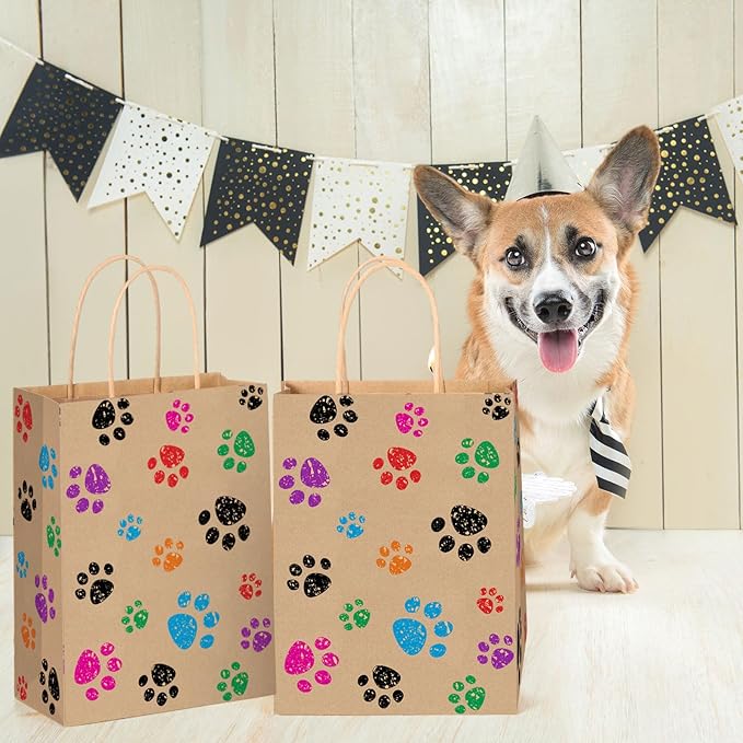 Blulu 20 Pcs Puppy Dog Paw Gift Bags with Paper Twist Handles, Dog Gift Paper Paw Treat Goodie Bags for PET Treat Party Favor, 6.3 x 3.1 x 8.6 Inch(Kraft Backing)