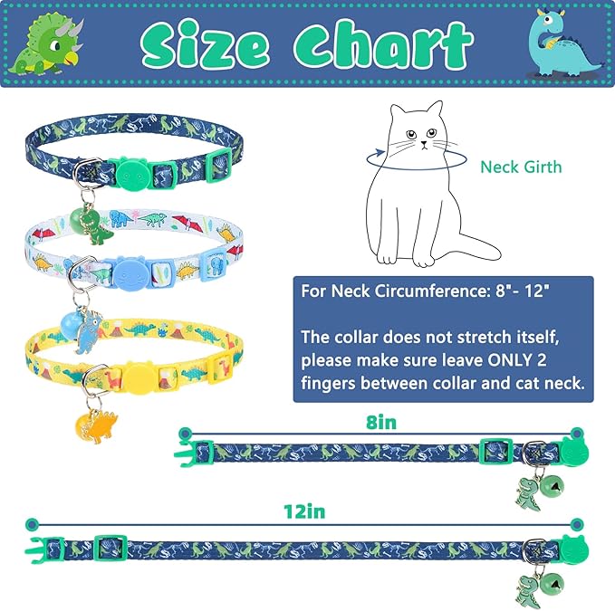 Breakaway Cat Collars with Bell & Cute Pendants, 3 Pack Safety Buckle Kitten Collars, Adjustable Pet Collar Ideal for Girl Boy Cats Puppy (Style A - Dinosaur)
