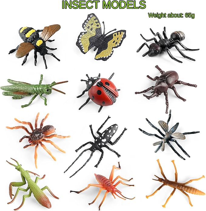 20Pcs Insect Toy Fake Plastic Bugs Figures for Kids - Flower Ladybug Bee Butterfly Ant Cricket Mantis Scorpion Spider School Project Birthday Cake Topper Party Favors April Fool's Day Prank Gifts