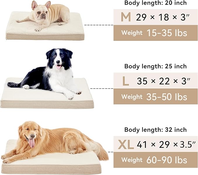 Memory Foam Large Dog Bed, Cooling Dog Beds for Large Dogs, Washable Orthopedic Pet Bed for Crate with Joint Relief Memory Foam, Waterproof Liner and Plush Cover (35"x 22", Beige)